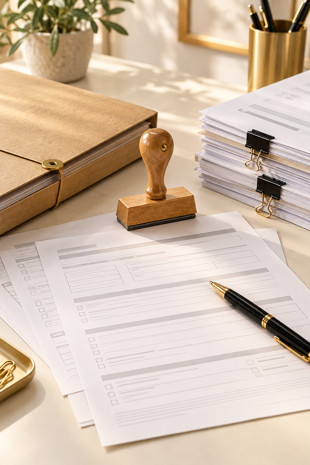 Formulare, Holzstempel und geordnete Unterlagen
