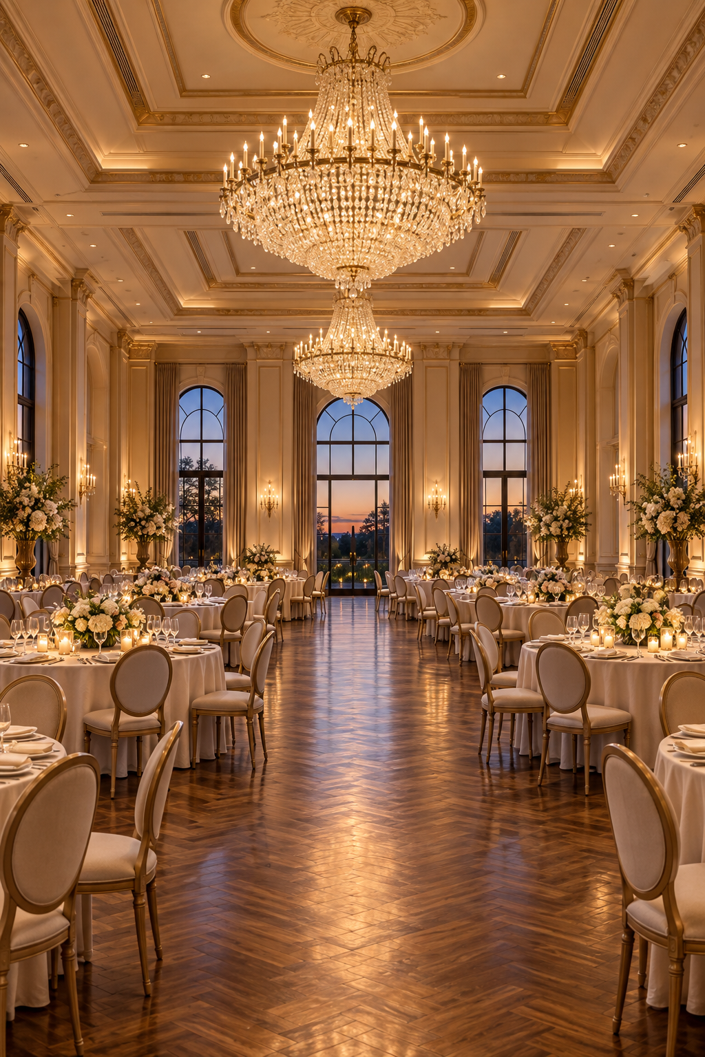 Eleganter Festsaal mit Kronleuchtern und festlich gedeckten Tischen